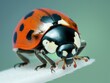 Macro view of a vibrant ladybug with detailed texture on a greenish background, showcasing nature's intricacy