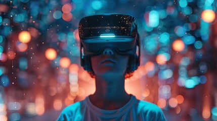Poster - A young adult adjusting their VR glasses, preparing to dive into a virtual game set in a futuristic cyber universe - Embracing the world of virtual reality, cutting-edge technology and creativity.