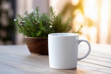 A white coffee mug mockup on a table with a blurred background of a house plant and window in the morning light
