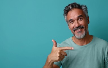 A confident middle-aged man, standing alone against a plain blue backdrop, exudes positivity and assurance as he gestures to the side with a smile, indicating a thought, a notion, a triumph.