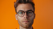 young man as a virtual assistant, medium shot, looking at the camera. in the style of orange, joyful and optimistic, vibrant portraits, minimalist flat backgrounds, photo-realistic hyperbole