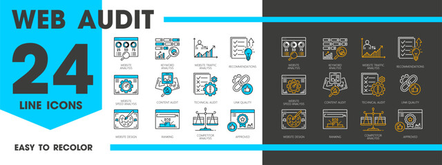 Aufkleber - Web audit line icons, SEO analysis, web and digital marketing technologies vector outline symbols. Website traffic, keywords, speed and content analysis, link quality and tech audit isolated signs