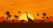 Tropical sunset landscape with dinosaur silhouettes. Jurassic nature vector background with triceratops, pterodactyl, brachiosaurus and allosaurus dinosaur animals, sun, palm trees and mountains