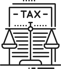Poster - Digital commerce and business tax regulation, fintech linear icon. Online business taxes and accounting fintech linear vector icon with law or official regulation document and balance weighing scales