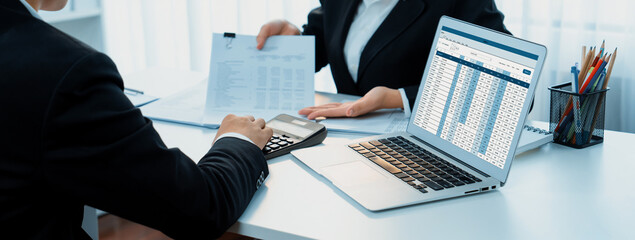 Poster - corporate accountant team use accounting software on laptop to calculate and maximize tax refund and