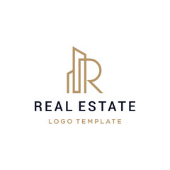 Poster - Golden Initial Letter R with Apartment Building For Real Estate Architecture Logo Design