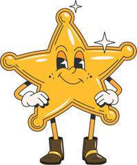 Poster - Cartoon retro groovy wild west sheriff star character gleam with confident swagger ready to uphold justice in the Western frontier. Isolated vector golden sheriff star badge personage with arms akimbo