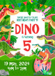 Kids birthday party flyer with cartoon funny dinosaurs on tropical forest vector background. Cute tyrannosaurus, pterodactyl, spinosaurus and brachiosaurus dino animals with baby dinosaur in egg shell