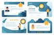 © Vector Tradition - Testimony review templates of customer feedback and opinion message with rating stars, vector layouts. Client testimony or experience review message with citation frames for social media or website