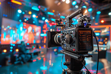 a professional camera capturing a lively broadcast on a colorful studio set during a dynamic televis
