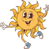 Fototapeta  - Cartoon retro sun groovy character. Psychedelic hippy summer sunshine vector personage running with happy face and smile. Vintage emoticon of funny sun with wavy rays, sunset or sunrise funky emoji