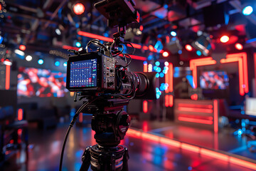Wall Mural - professional camera setup in a modern studio during a live broadcasting session at night