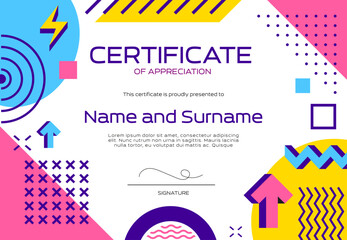 Poster - Diploma certificate template, abstract geometric Memphis background. Vector modern appreciation frame, award or honor trophy featuring bold shapes, and bright colors, exuding energy and creativity
