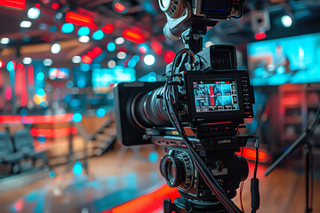 Professional camera setup in a brightly lit studio during a live production with colorful lights and a vibrant background scene