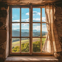  square window with a beautiful view outside