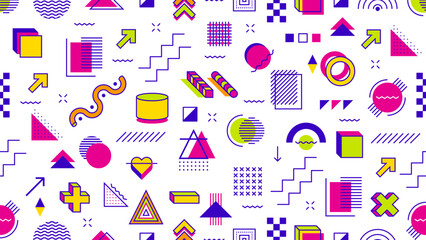 Poster - Abstract geometric Memphis seamless pattern of simple line shapes, vector background. Modern or retro Memphis pattern background of minimal geometric figures and isometric elements or halftone dots