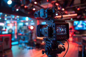 Wall Mural - a professional camera captures a lively television studio during a vibrant production at night featu