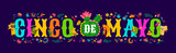 Fototapeta  - Cinco De Mayo lettering for Mexican holiday greeting banner, vector background. Cinco De Mayo lettering with burrito character in sombrero, avocado mariachi with guitar and chili pepper with maracas
