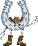 Fototapeta  - Cartoon retro groovy wild west horseshoe character. Isolated vector western steel horse shoe personage donning vintage cowboy hat and boots, showing peace gesture and whistle playful country melody
