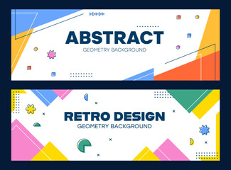 Poster - Abstract modern geometric Memphis flyers and banners with minimal shape elements, vector backgrounds. Memphis simple figures and retro futuristic tech shapes of minimalistic waves, circles and stars