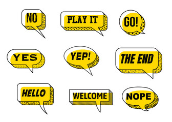 Fototapete - Memphis speech bubbles, text banners and balloons, talk, message or dialogue boxes. Vector modern graphic word frames, minimal geometric memphis speech bubbles with Yes, No, Go, Hello and Welcome text