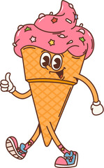 Wall Mural - Cartoon retro ice cream cone groovy character or funky gelato dessert, vector comic personage. Happy groovy ice cream with thumb up hand gesture, 70s hippie or hipster art funny fast food character