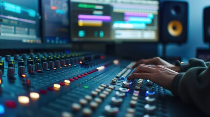 Sticker - sound mixing board, sliders and knobs, blurred background