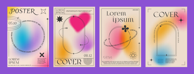 Aufkleber - Gradient brutal Y2K posters with aesthetic frames for cover templates, vector backgrounds. Modern pastel color gradient posters with Y2K retro brutal shapes and elements with minimal line frames
