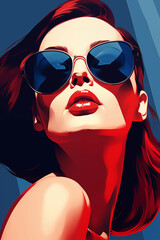 A portrait of a young, beautiful, dark  haired woman with sunglasses in blue and red colours