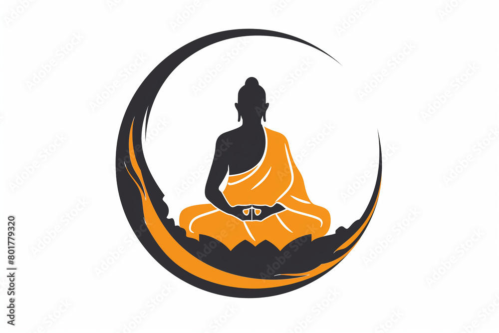 A circular logo featuring a minimalist monk meditation pattern ...
