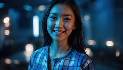 Wall Mural - Smiling Asian Woman in City Night with Neon Lights