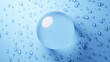 水滴のついた青色背景に透明の美しい球体。3D（横長）