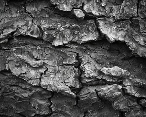 A black and white photo of a gnarled tree trunk with deep cracks and peeling bark, creating a textured and aged background  