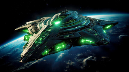 Wall Mural - Green gray futuristic spaceship in orbit over the Earth, advanced technology, sleek metallic glowing spacecraft