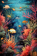 underwater with coral reef and colorful fish,illustration painting