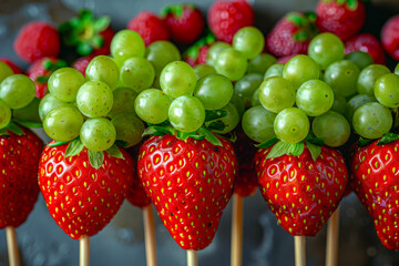 Wall Mural - A bunch of strawberries and grapes are arranged on sticks