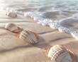 Delicate seashells scattered on a bed of soft caramel colored sand, with gentle ocean waves lapping at the shore  