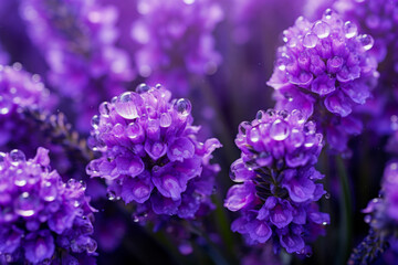 Wall Mural - A bunch of purple flowers with droplets of water on them