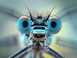 Close-up shot of a dragonfly's head showcasing its compound eyes and facial details.