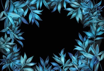 Wall Mural - blue neon frame with leaves on black background