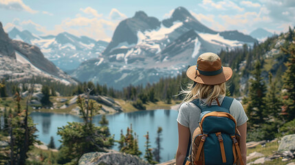 woman with a hat and backpack looking at the mountains and lake from the top of a mountain in the sun light, with a view of the mountains