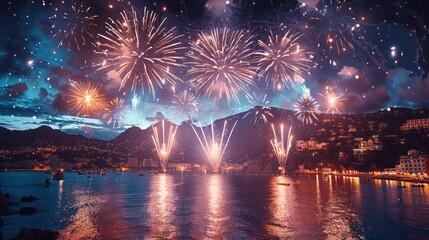 fireworks in the sky, background at a beach New Year's party