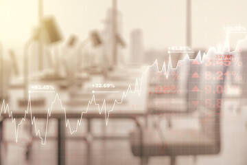 Poster - Multi exposure of virtual creative financial chart hologram on modern corporate office background, research and analytics concept