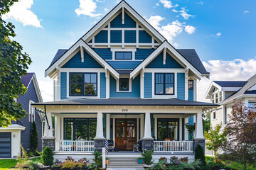 A two-story Craftsman home with a striking blue and white color scheme, detailed trim work, and a welcoming front porch, located in a suburban neighborhood.