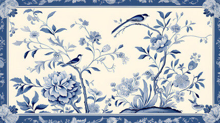 Fototapete - Digital vintage watercolor chinoiserie pattern abstract graphic poster web page PPT background