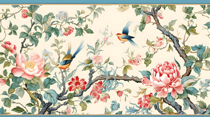 Fototapete - Digital vintage watercolor chinoiserie pattern abstract graphic poster web page PPT background