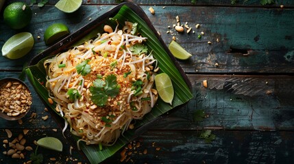 Authentic Pad Thai served in a banana leaf boat with peanuts and lime on rustic wood