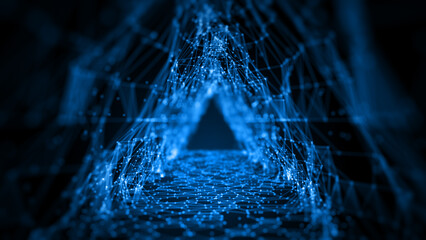 Poster - Technology concept big data network, Tunnel triangle with dot and lines dark blue abstract background. 3d rendering.