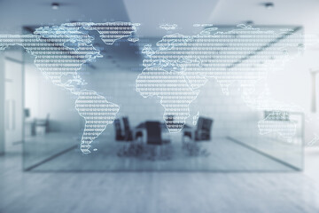 Poster - Abstract creative world map interface on a modern furnished office background, international trading concept. Multiexposure