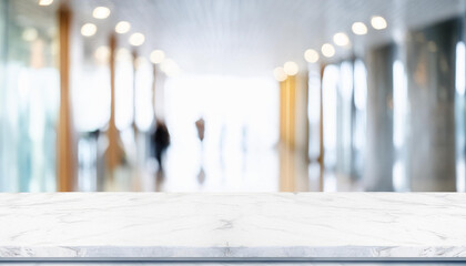 Wall Mural - White stone marble table top and blurred abstract background from interior building banner background - can used for display or montage your products.